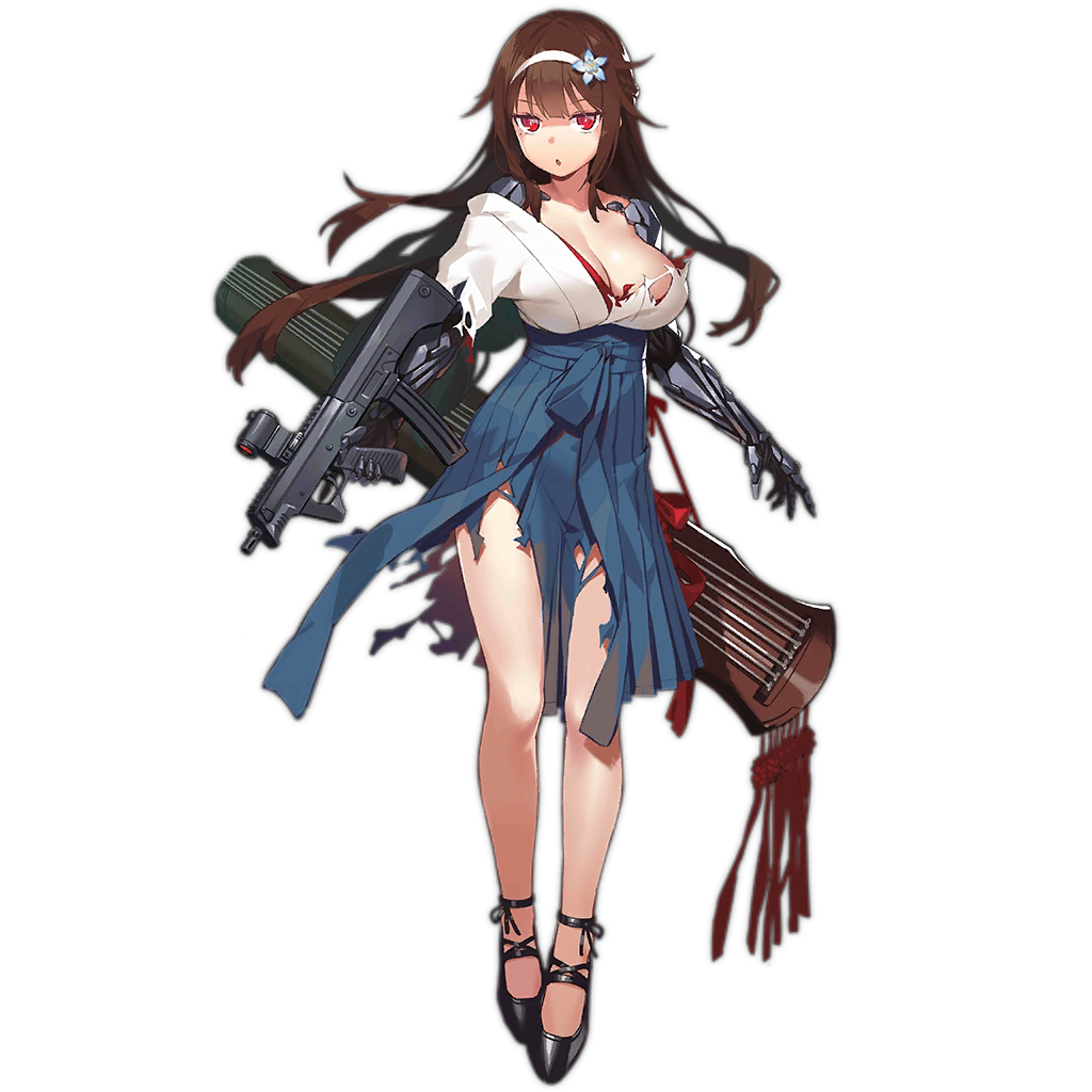 1girl, black_shoes, blue_skirt, blunt_bangs, breasts, brown_hair, bullpup, cleavage