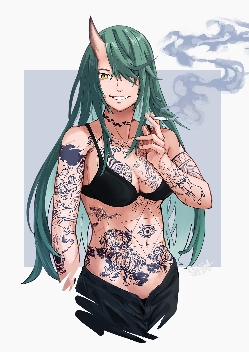 1girl, :d, arknights, bare_arms, bare_shoulders, between_fingers, black_bra, black_pants, bra, breasts, cigarette, cleavage, collarbone, cropped_legs, full-body_tattoo, green_hair, grin, hair_over_one_eye, highres, holding, holding_cigarette, horns, hoshiguma_(arknights), large_breasts, long_hair, looking_at_viewer, navel, open_fly, open_mouth, pants, parted_lips, peppsi_(saba_sabasuk0), scar, scar_on_face, single_horn, skin-covered_horns, smile, smoke, smoking, solo, stomach, tattoo, underwear, very_long_hair, yellow_eyes