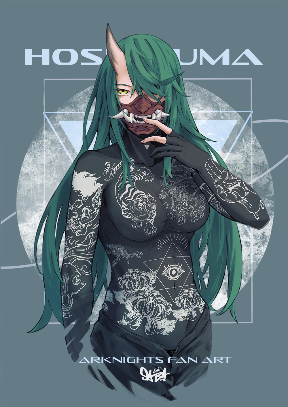 1girl, arknights, black_gloves, black_pants, black_shirt, breasts, character_name, copyright_name