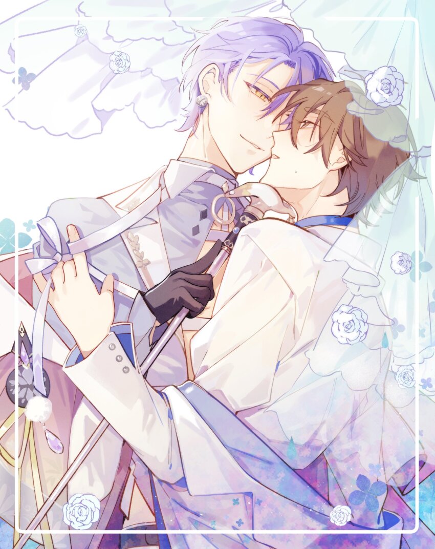 2boys, bishounen, black_gloves, blush, brown_eyes, brown_hair, earrings, eiden_(1st_anniversary)_(nu_carnival)