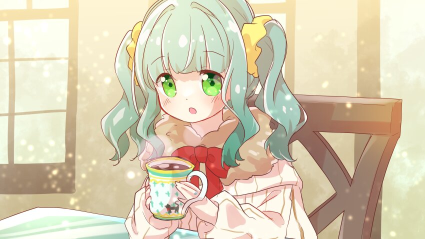 1girl, :o, absurdres, blunt_bangs, blush, brown_scarf, chair, cup, dot_nose, fur_scarf, futaba_sana, futaba_sana_(winter_costume), green_eyes, hair_ornament, hair_scrunchie, highres, holding, holding_cup, long_sleeves, looking_at_viewer, magia_record:_mahou_shoujo_madoka_magica_gaiden, mahou_shoujo_madoka_magica, medium_hair, megitti, mug, official_alternate_costume, on_chair, open_mouth, red_ribbon, ribbed_sweater, ribbon, scarf, scrunchie, sidelocks, solo, steam, sweater, twintails, upper_body, wavy_hair, white_sweater, yellow_scrunchie