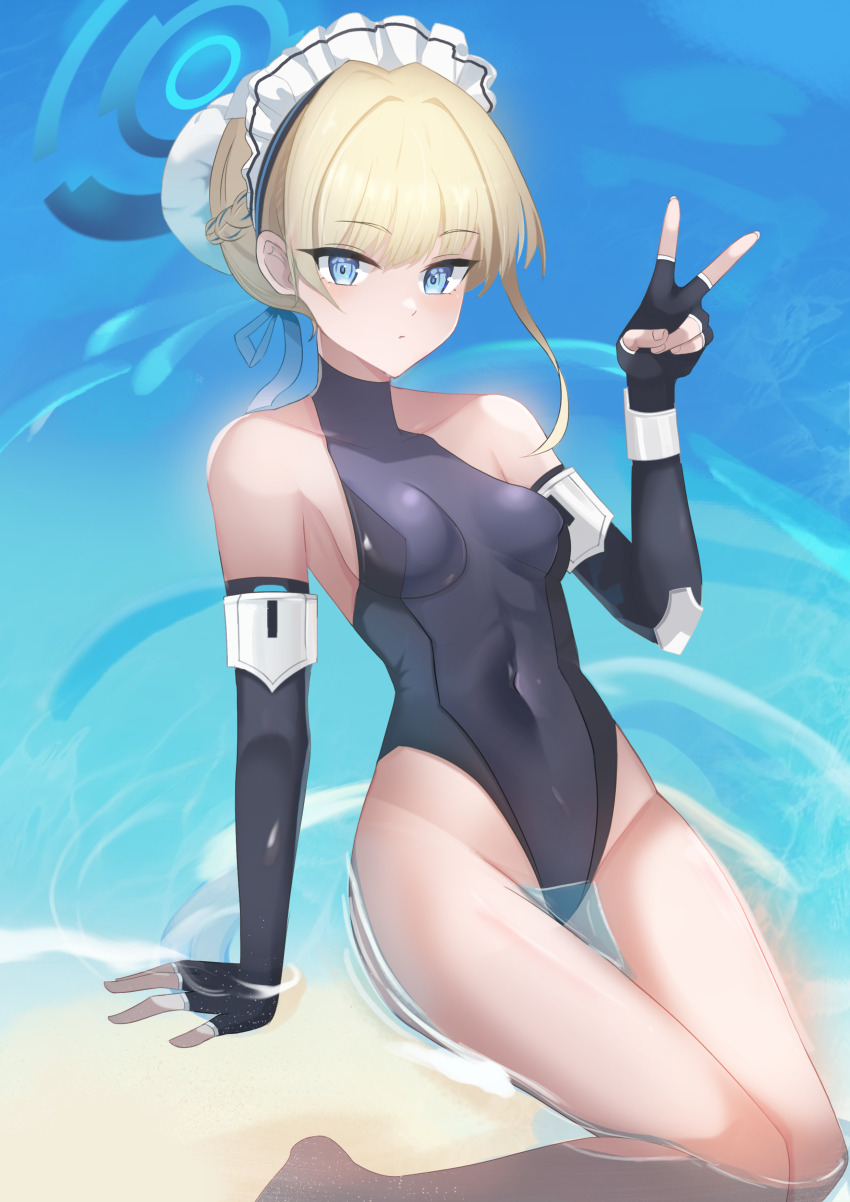 1girl, absurdres, anguss, black_gloves, black_leotard, blonde_hair, blue_archive, blue_eyes, breasts, bun_cover, covered_navel, elbow_gloves, fingerless_gloves, gloves, hair_bun, highleg, highleg_leotard, highres, leotard, looking_at_viewer, maid_headdress, multicolored_hair, small_breasts, solo, streaked_hair, toki_(blue_archive), water