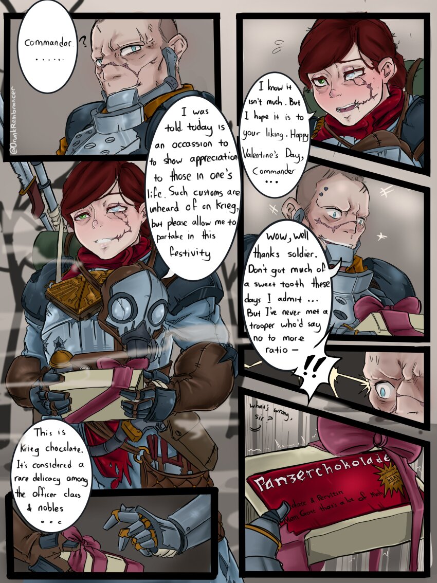 1boy, 1girl, absurdres, armor, blue_eyes, box, box_of_chocolates, character_request, comic, commentary, english_commentary, english_text, flying_sweatdrops, gas_mask, highres, mask, merry_remembrancer, multiple_views, nervous, panzerschokolade, ribbon, scar, scar_on_face, smile, speech_bubble, twitter_username, valentine, warhammer_40k