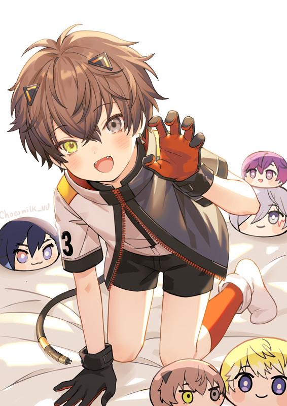 5boys, alban_knox, animal_ears, black_gloves, blush, brown_eyes, brown_hair, cable