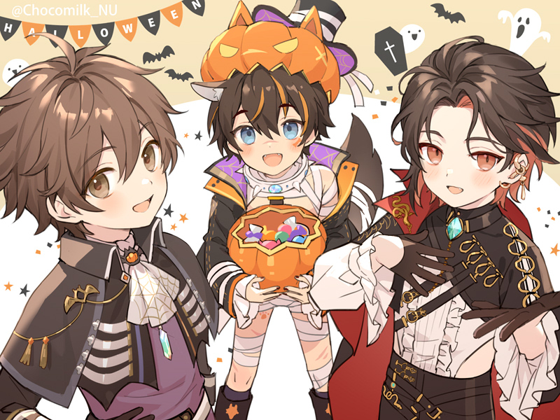 3boys, aged_down, ascot, black_gloves, blue_eyes, blush, brown_eyes, brown_hair, child, chocomilk_nu, collar, colored_inner_hair, ear_piercing, earrings, eiden_(nu_carnival), fangs, frilled_sleeves, frills, garu_(howling_cyclone)_(nu_carnival), garu_(nu_carnival), gem, gloves, halloween_bucket, halloween_costume, holding, holding_halloween_bucket, jack-o'-lantern, jewelry, long_sleeves, looking_at_viewer, male_focus, multicolored_hair, multiple_boys, mummy_costume, nu_carnival, open_mouth, orange_hair, piercing, pumpkin, red_eyes, scar, scar_on_arm, scar_on_face, scar_on_leg, scar_on_nose, short_hair, spiked_collar, spikes, two-sided_fabric, vampire_costume, white_ascot, wolf_boy, yakumo_(crimson_phantom)_(nu_carnival), yakumo_(nu_carnival)