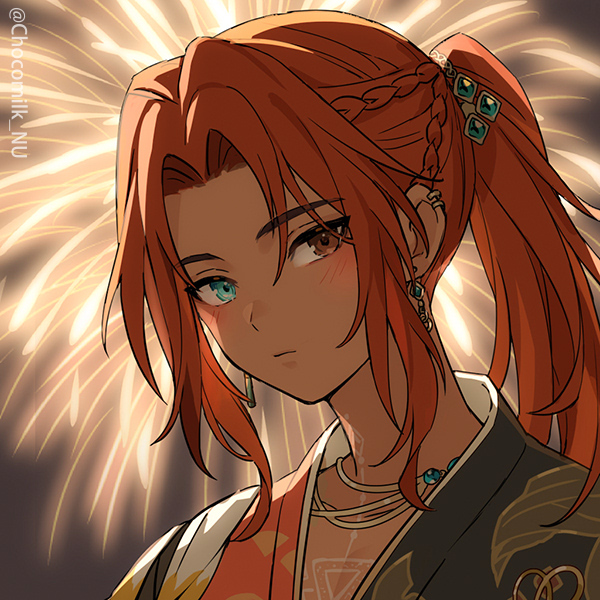 1boy, aerial_fireworks, aged_down, aqua_eyes, braid, brown_eyes, child, chocomilk_nu, dante_(eternal_hanabi)_(nu_carnival), dante_(nu_carnival), dark-skinned_male, dark_skin, earrings, fireworks, heterochromia, high_ponytail, japanese_clothes, jewelry, kimono, long_hair, looking_at_viewer, male_focus, necklace, nu_carnival, official_alternate_costume, ponytail, red_hair, red_kimono