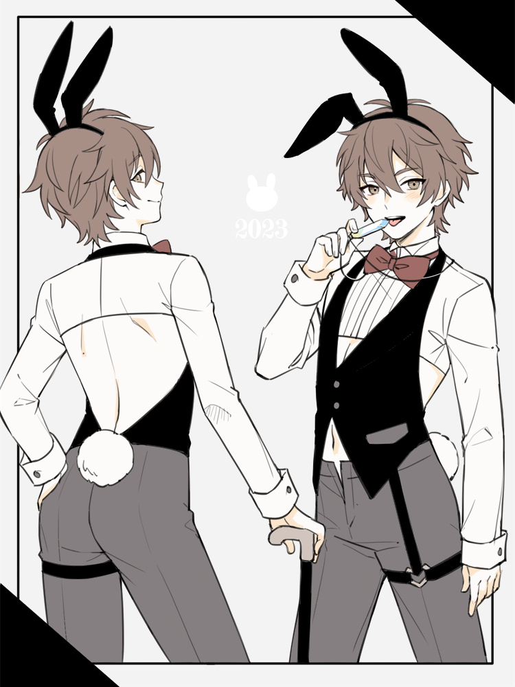 1boy, aged_down, alternate_costume, animal_ears, ass, blush, brown_eyes, brown_hair