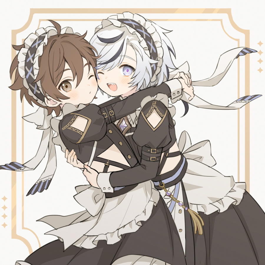 aged_down, apron, black_dress, black_hair, blade_(lovable_enforcer)_(nu_carnival), blade_(nu_carnival), blade_(nu_carnival)_(cosplay), blush, brown_eyes, brown_hair, child, chocomilk_nu, cosplay, crossdressing, crossdressing_(mtf), dress, eiden_(nu_carnival), frilled_apron, frilled_hairband, frills, gem, grey_eyes, hairband, hug, juliet_sleeves, long_sleeves, looking_at_viewer, maid, maid_apron, maid_headdress, male_focus, male_maid, multicolored_hair, nu_carnival, official_alternate_costume, one_eye_closed, open_mouth, puffy_sleeves, sharp_teeth, short_hair, streaked_hair, tassel, teeth, trap, waist_apron, white_apron, white_hair, wrist_cuffs