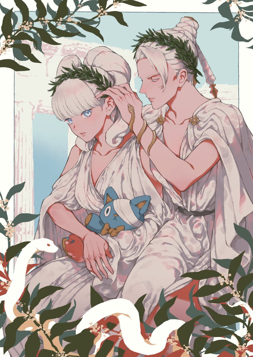 2girls, absurdres, ace_attorney, alternate_costume, ancient_greek_clothes, bandage_over_one_eye, blue_eyes, bow