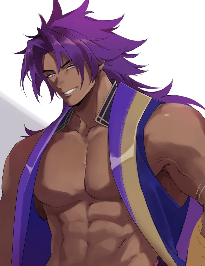 1boy, bara, bare_pectorals, bare_shoulders, bhima_(fate), dark-skinned_male, dark_skin, fate/grand_order, fate_(series), highres, large_pectorals, long_hair, looking_at_viewer, male_focus, muscular, muscular_male, no_nipples, oogata_(l_m00g), pectorals, purple_eyes, purple_hair, purple_vest, simple_background, smile, smirk, solo, thick_eyebrows, upper_body, veins, veiny_arms, very_long_hair, vest