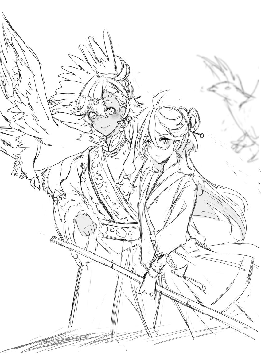 2girls, 7nosuke, absurdres, ahoge, alternate_costume, bird, commentary_request, earrings