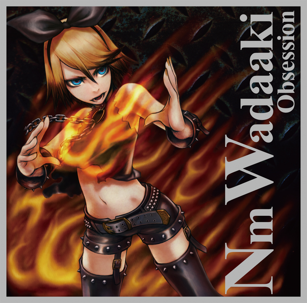 1girl, album_cover, belt, blonde_hair, blue_eyes, chain, collar, cover