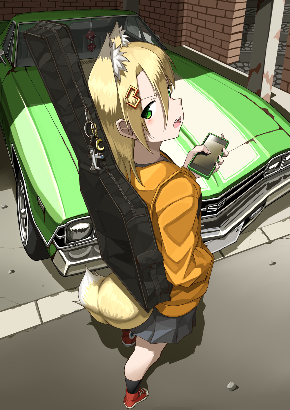 1girl, animal_ears, arai_kogane, black_socks, blonde_hair, brick_wall, car, cellphone, chevrolet, chevrolet_el_camino, converse, crescent, day, dice, fox_ears, fox_girl, fox_tail, from_above, green_eyes, grey_skirt, guitar, hair_ornament, hand_in_pocket, highres, holding, holding_phone, instrument, instrument_case, jacket, looking_at_viewer, medium_hair, motor_vehicle, open_mouth, orange_jacket, original, outdoors, parking_garage, phone, pleated_skirt, red_footwear, skirt, smartphone, socks, tail