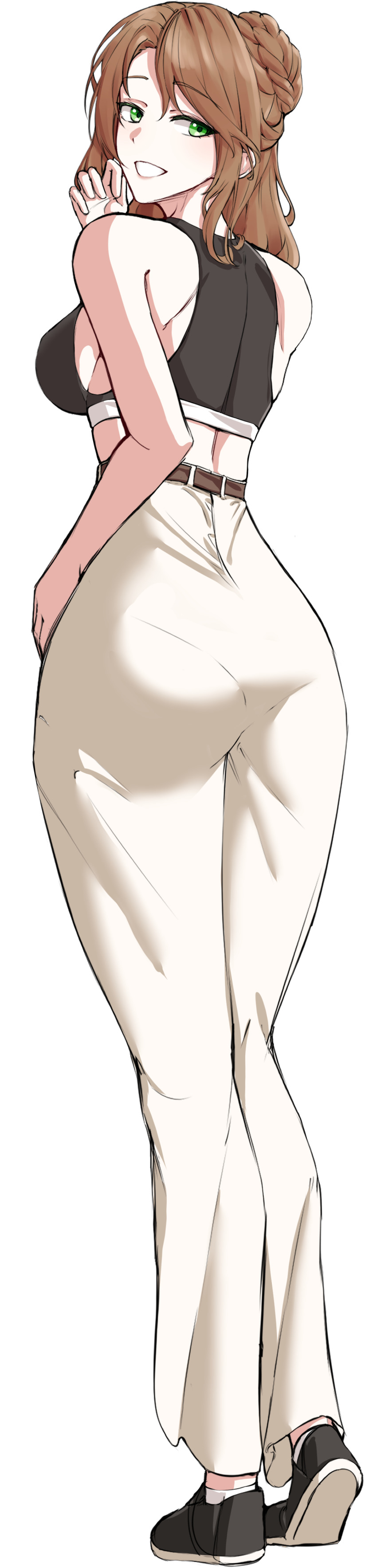 absurdres, alternate_costume, ass, ass_focus, belt, black_sports_bra, braid, breasts