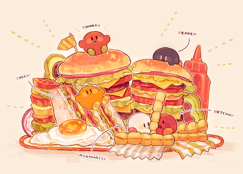 blush, blush_stickers, bottle, brown_background, burger, closed_mouth, commentary_request, egg_(food)