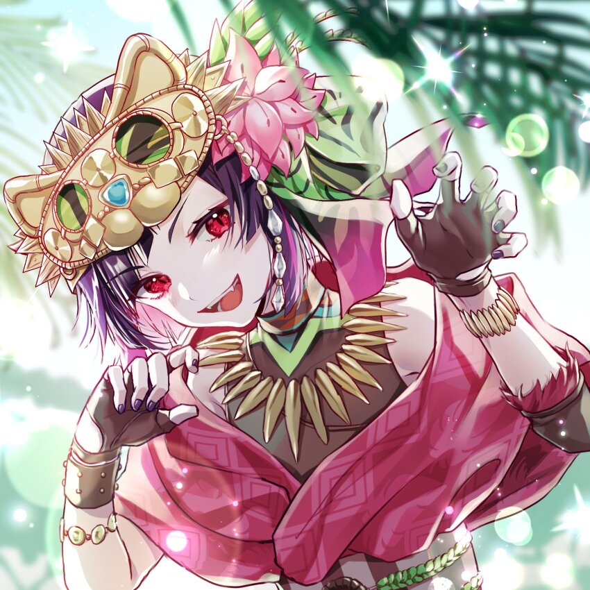 1boy, androgynous, black_hair, brown_gloves, brown_shirt, clothing_request, fingerless_gloves, gloves, highres, kumomo_36, lilia_vanrouge, lilia_vanrouge_(liongarb), looking_at_viewer, male_focus, multicolored_hair, open_mouth, pink_hair, pink_shirt, pointy_ears, purple_nails, red_eyes, shirt, short_hair, smile, solo, twisted_wonderland, white_background