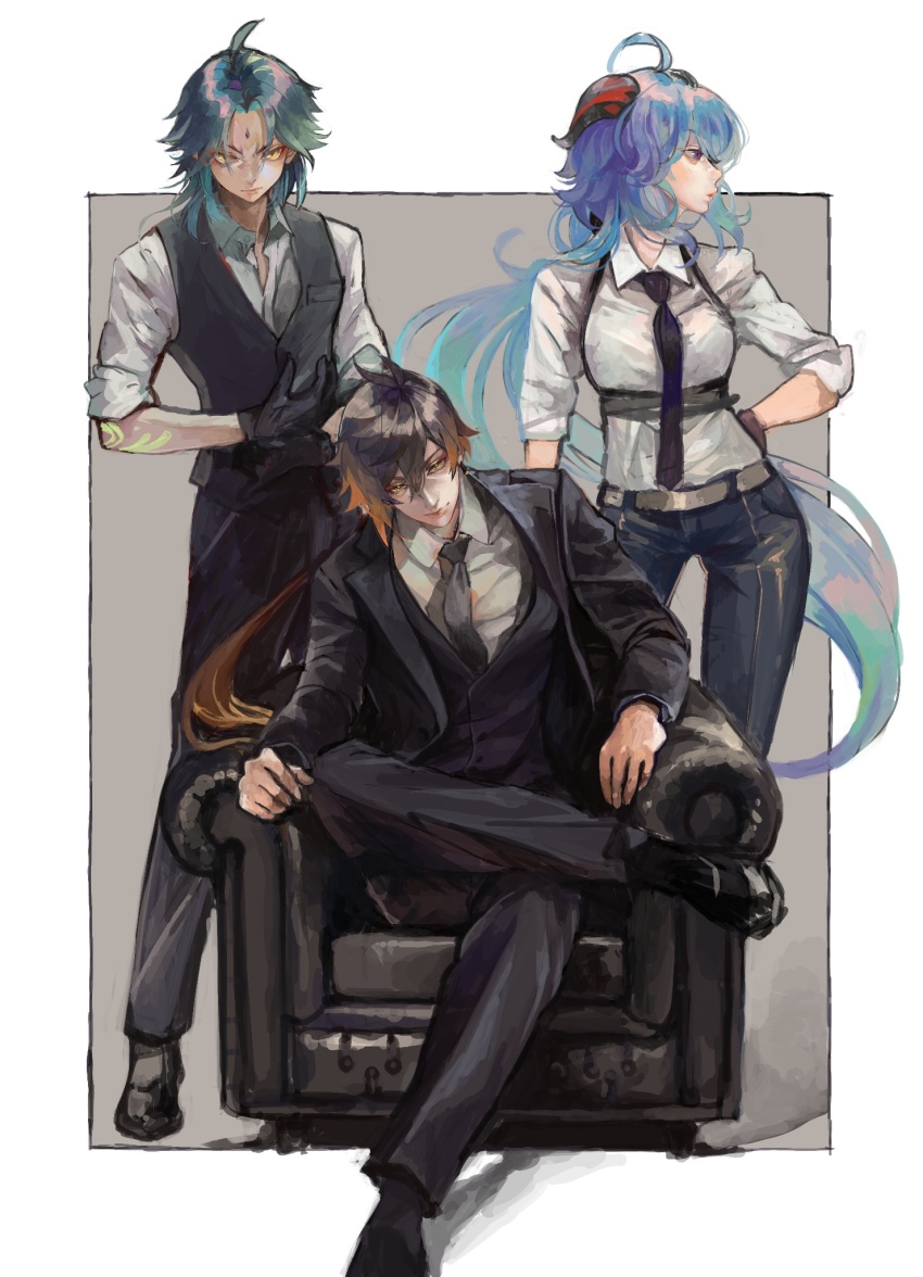 1girl, 2boys, black_hair, black_necktie, black_pants, black_vest, blue_hair, border