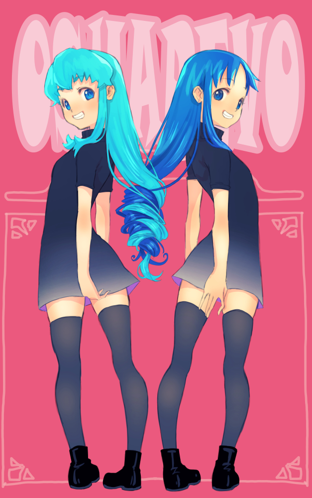 2girls, ankle_boots, aqua_hair, black_dress, black_footwear, black_thighhighs, blue_eyes, blue_hair