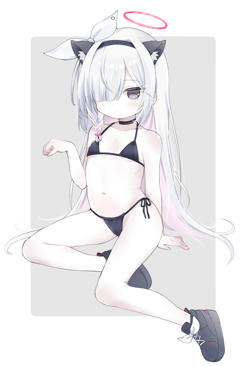 1girl, absurdres, animal_ear_fluff, animal_ears, bare_arms, bare_shoulders, bikini, black_bikini, black_choker, black_hairband, black_shoes, blue_archive, braid, choker, closed_mouth, collarbone, commentary_request, female_focus, full_body, grey_background, grey_eyes, hair_over_one_eye, hair_ribbon, hairband, halo, highres, loli, looking_at_viewer, navel, ni_kiro, pinup_(style), plana_(blue_archive), revision, ribbon, shoes, side-tie_bikini_bottom, sitting, solo, swimsuit, two-tone_background, white_background, white_hair, white_ribbon, yokozuwari