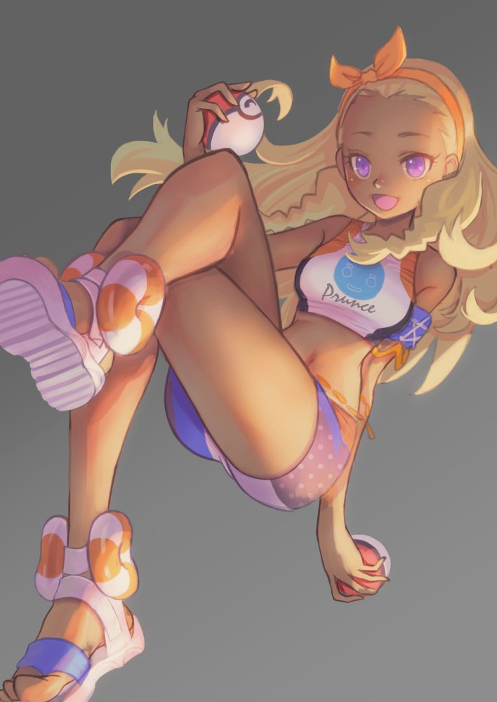 1girl, amamiya_elena, armband, belly_chain, bike_shorts, blonde_hair, blue_shorts, braid, character_print, clothes_writing, cosplay, crop_top, crossed_legs, dark-skinned_female, dark_skin, floating, grey_background, hair_pulled_back, hairband, holding, holding_poke_ball, jewelry, jj_(ssspulse), long_hair, navel, nessa_(pokemon), nessa_(pokemon)_(cosplay), nintendo, orange_hairband, poke_ball, poke_ball_(basic), pokemon, pokemon_sword_and_shield, precure, print_shirt, prunce_(precure), purple_eyes, sandals, shirt, short_shorts, shorts, simple_background, sleeveless, sleeveless_shirt, solo, star_twinkle_precure, twin_braids, white_sandals, white_shirt