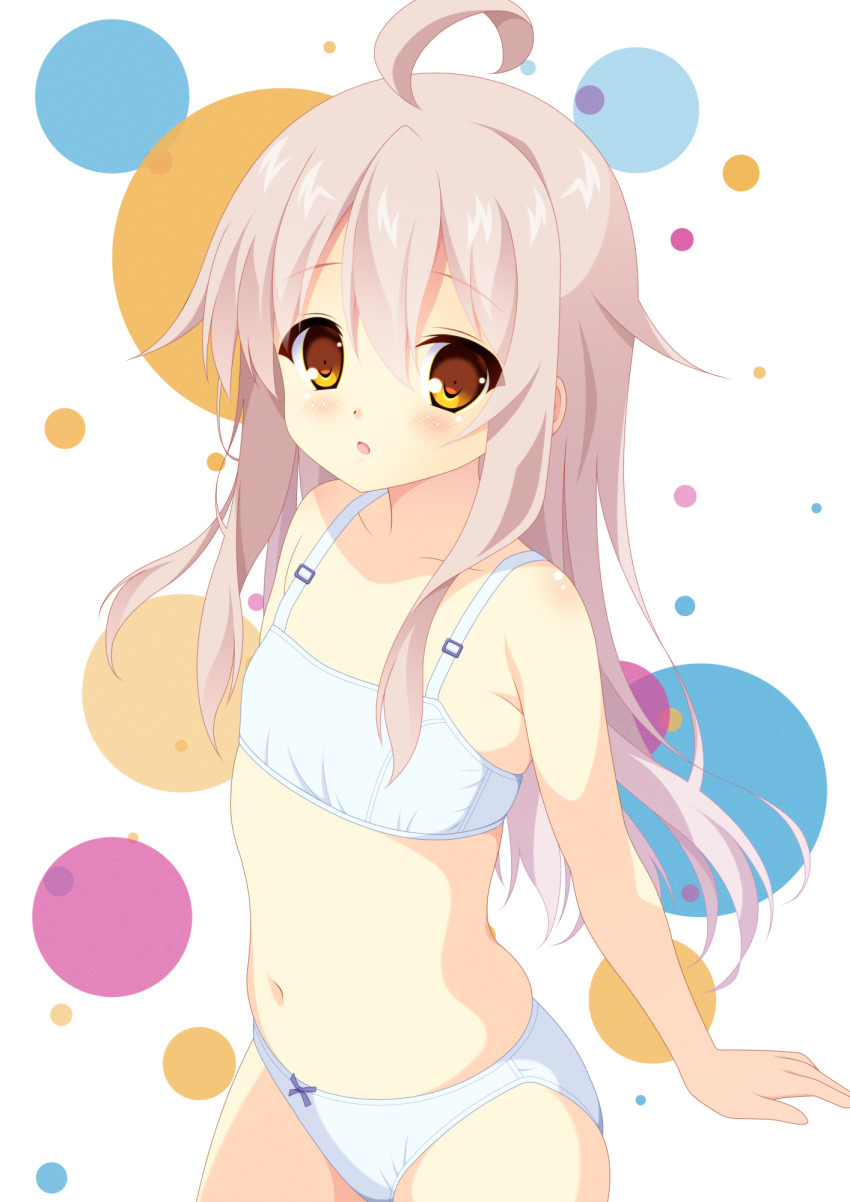 1girl, :o, ahoge, blue_bra, blue_panties, blush, bow, bow_panties, bra, brown_eyes, commentary, cowboy_shot, flat_chest, genderswap, genderswap_(mtf), grey_hair, highres, long_hair, looking_at_viewer, navel, norachiki, onii-chan_wa_oshimai!, open_mouth, oyama_mahiro, panties, polka_dot, polka_dot_background, solo, standing, training_bra, underwear, underwear_only