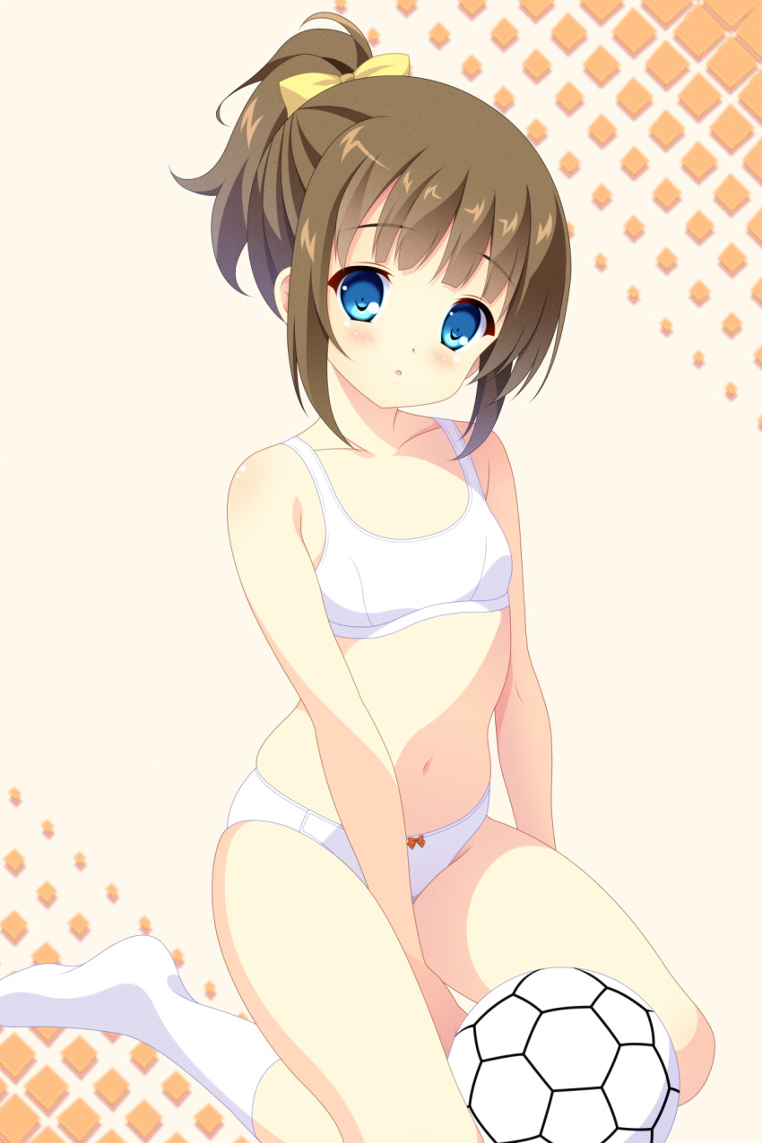1girl, :o, blue_eyes, blush, bow, bow_panties, bra, breasts, brown_hair, commentary, extreme_hearts, hair_bow, highres, kneeling, kohinata_lise, looking_at_viewer, navel, norachiki, panties, parted_lips, ponytail, short_hair, short_ponytail, small_breasts, soccer_uniform, socks, solo, sportswear, training_bra, underwear, underwear_only, white_bra, white_panties, white_socks, yellow_bow