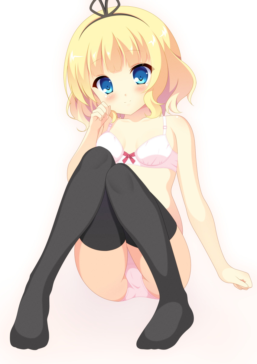 1girl, black_ribbon, black_thighhighs, blonde_hair, blue_eyes, blush, bow, bow_bra, bra, breasts, closed_mouth, commentary, crotch_seam, gochuumon_wa_usagi_desu_ka?, hair_ribbon, highres, kirima_syaro, looking_at_viewer, norachiki, panties, pink_bra, pink_panties, ribbon, short_hair, simple_background, sitting, small_breasts, smile, solo, thighhighs, underwear, underwear_only, white_background