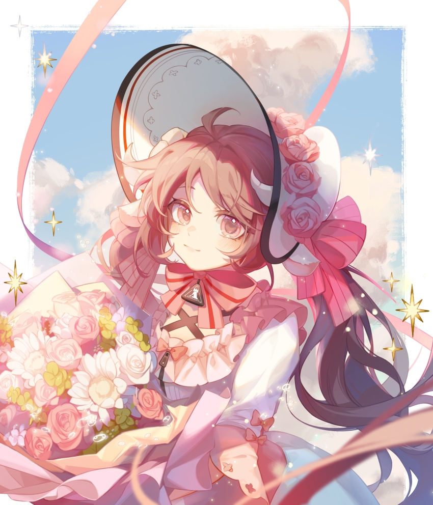 1girl, absurdres, ahoge, ambience_synesthesia, animal_ears, arknights, bantangqubing, blue_sky, bonnet, bouquet, bow, brown_eyes, brown_hair, closed_mouth, cloud, commentary, dress, eyjafjalla_(ambience_synesthesia)_(arknights), eyjafjalla_(arknights), flower, hair_bow, hat, hat_flower, highres, horns, hugging_object, long_hair, looking_at_viewer, pink_bow, pink_flower, pink_rose, rose, sheep_ears, sheep_girl, sheep_horns, short_sleeves, sky, smile, solo, striped_bow, twintails, very_long_hair, white_dress, white_flower, white_hat