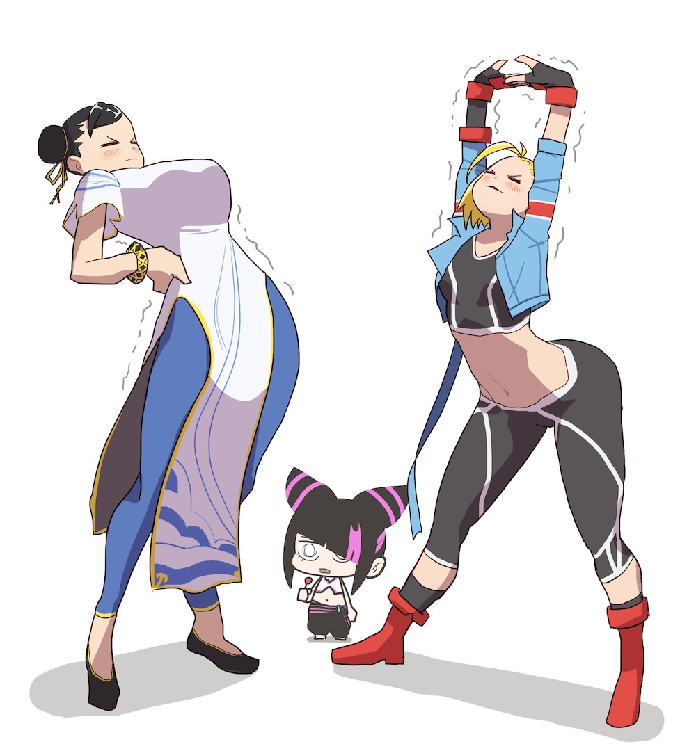 3girls, arms_up, black_hair, blonde_hair, boots, brown_hair, cammy_stretch_(meme), cammy_white, candy, capcom, chibi, china_dress, chinese_clothes, chun-li, combat_boots, crop_top, cropped_jacket, dress, fingerless_gloves, flats, food, gloves, han_juri, leaning_back, leaning_forward, lineni, lollipop, meme, multicolored_hair, multiple_girls, navel, own_hands_together, pants, red_footwear, scar, short_hair, standing, streaked_hair, street_fighter, street_fighter_6, tight_clothes, tight_pants, trembling