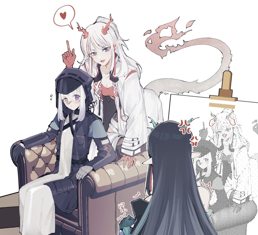 3girls, :d, anger_vein, arknights, armchair, bare_shoulders, black_gloves, black_hair