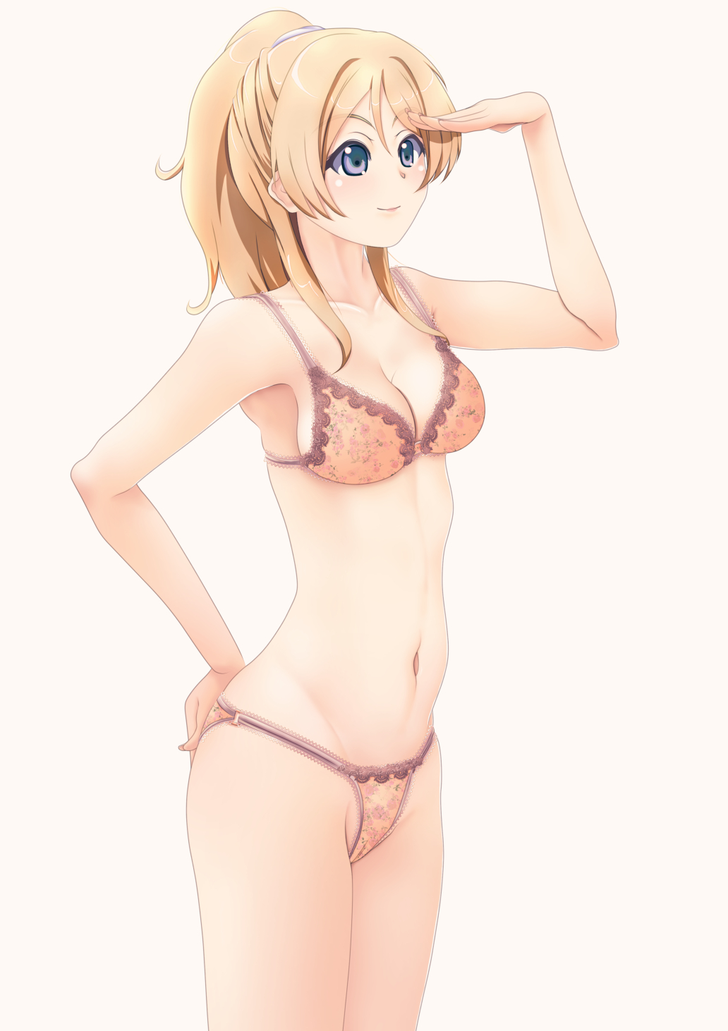 1girl, ayase_eli, blonde_hair, blue_eyes, bra, breasts, cleavage, closed_mouth