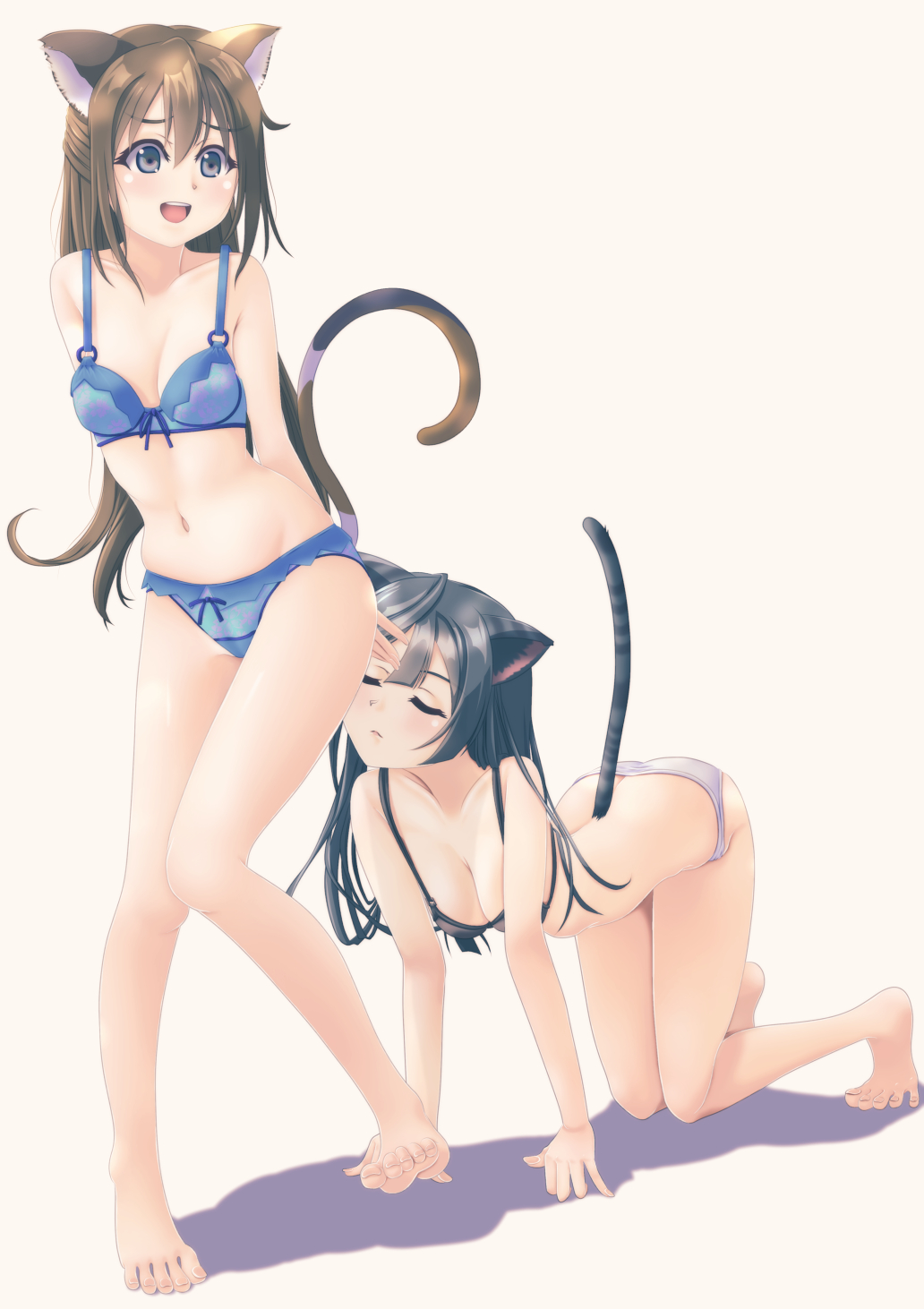 2girls, all_fours, animal_ears, ass, barefoot, black_bra, black_hair, blue_bra, blue_eyes, blue_panties, blush, bow, bow_bra, bow_panties, bra, breasts, brown_hair, butt_crack, cat_ears, cat_tail, cleavage, closed_eyes, closed_mouth, commentary_request, covering_ass, covering_privates, crotch_seam, facing_another, feet, frilled_panties, frills, half_updo, highres, jou_(circlemay), kemonomimi_mode, legs, long_hair, looking_at_viewer, love_live!, love_live!_nijigasaki_high_school_idol_club, medium_breasts, mismatched_underwear, multiple_girls, navel, open_mouth, osaka_shizuku, panties, partial_commentary, shadow, simple_background, smelling, smile, standing, standing_on_one_leg, tail, toenails, toes, underwear, underwear_only, white_background, white_panties, yuki_setsuna