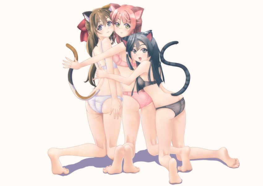3girls, animal_ears, ass, back, barefoot, black_bra, black_eyes, black_hair