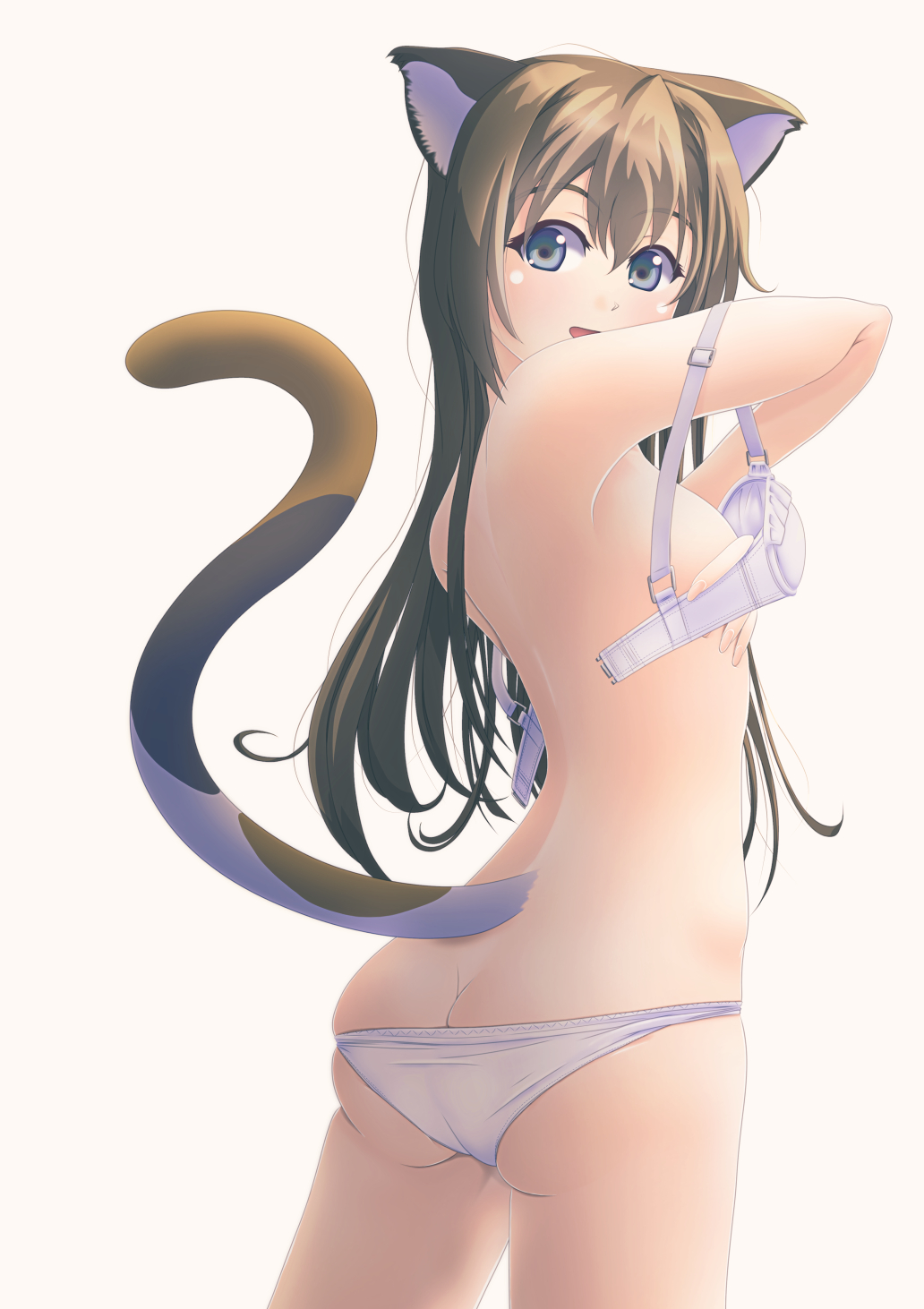 1girl, animal_ears, ass, back, blue_eyes, bra, bra_pull, brown_hair