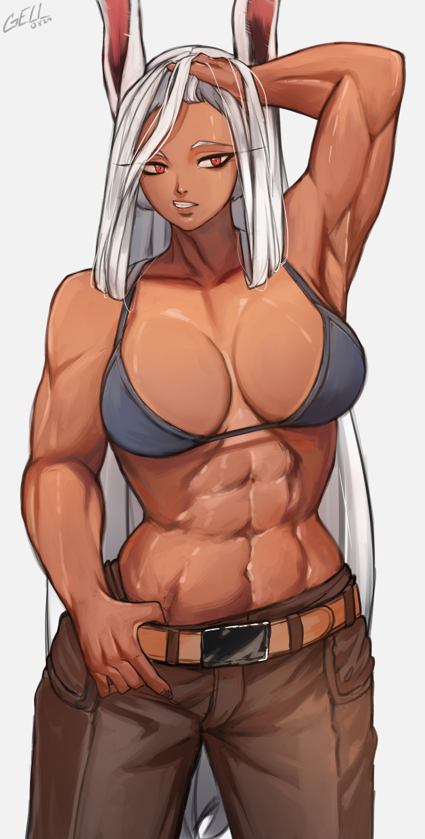 1girl, abs, absurdres, animal_ears, arm_up, armpits, bare_shoulders, belt