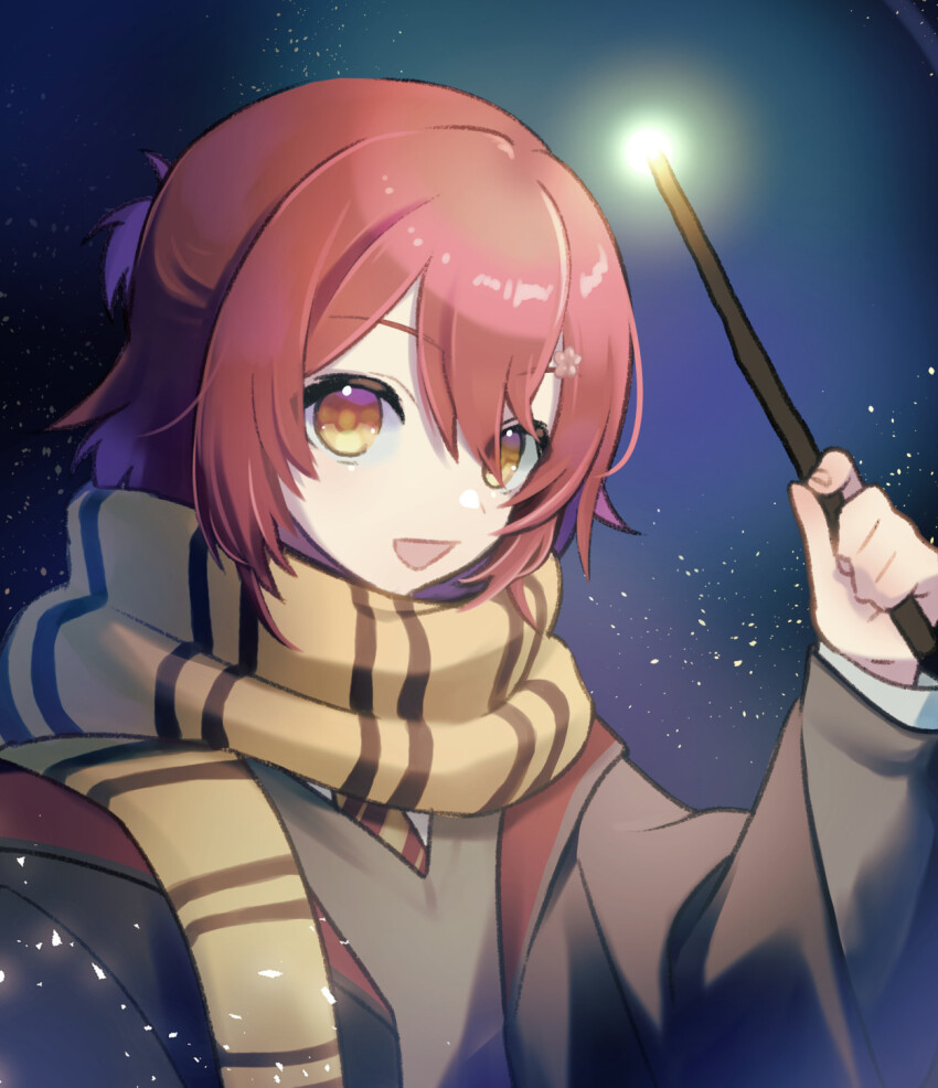 1boy, :d, black_jacket, blue_background, flower, grey_sweater, gryffindor, hair_between_eyes