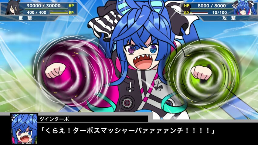 2girls, ahoge, animal_ears, blue_eyes, blue_hair, blurry, blurry_background, check_copyright, clenched_hands, copyright_request, dialogue_box, emphasis_lines, health_bar, heterochromia, highres, hood, hood_down, hoodie, horse_ears, kudan_(kudan4429), long_hair, manhattan_cafe_(umamusume), mazinger_(series), mazinkaiser, mazinkaiser_(robot), multiple_girls, open_mouth, purple_eyes, ringed_eyes, sharp_teeth, spinning, standing, super_robot_wars, teeth, translation_request, twin_turbo_(blast_mode!_turbo_engine)_(umamusume), twin_turbo_(umamusume), twintails, umamusume, v-shaped_eyebrows, wind