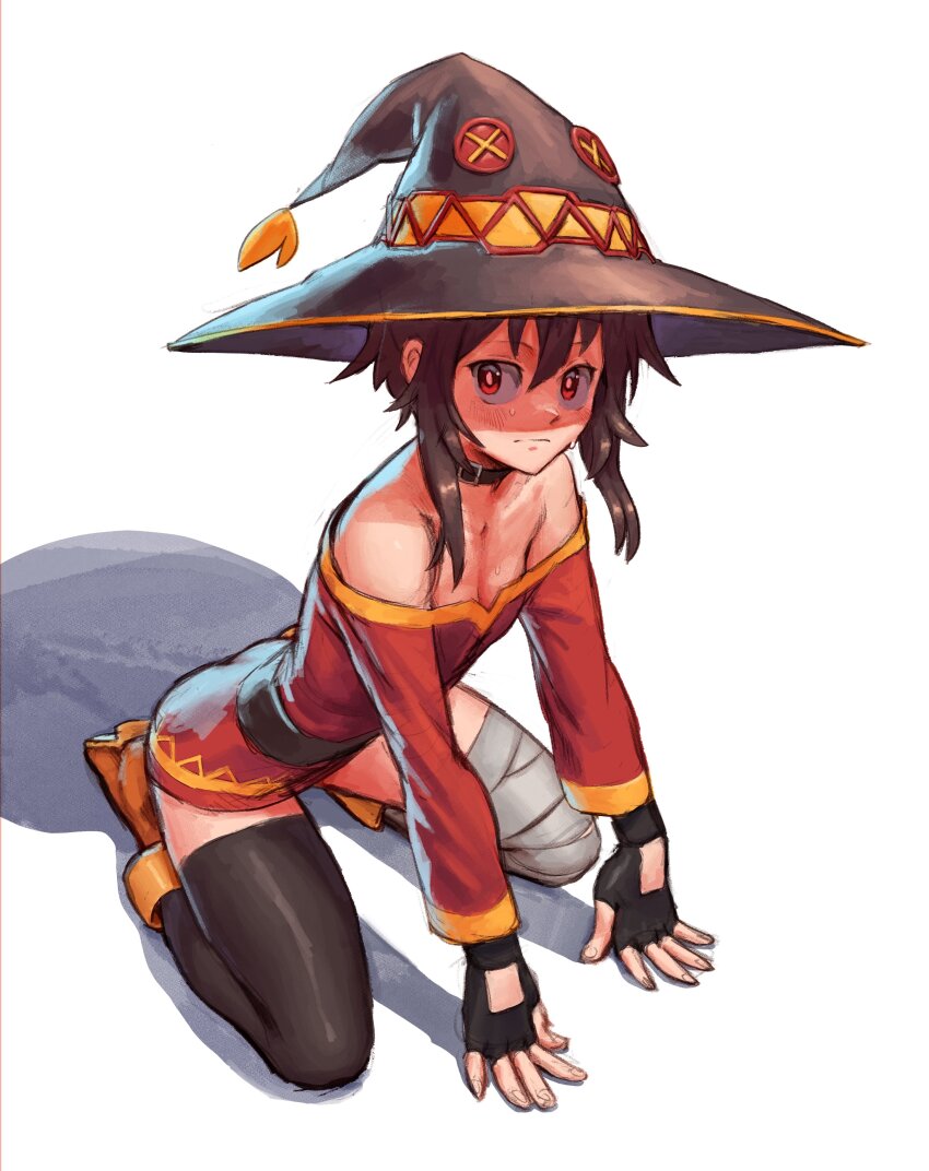 1girl, absurdres, bandaged_leg, bandages, bare_shoulders, belt, black_choker, black_gloves, blush, boots, breasts, bright_pupils, brown_belt, brown_hair, choker, cleavage, closed_mouth, collarbone, commentary, dress, english_commentary, fingerless_gloves, fingers_on_ground, from_above, full_body, gloves, hair_between_eyes, hat, highres, kneeling, kono_subarashii_sekai_ni_shukufuku_wo!, leaning_forward, looking_at_viewer, looking_up, megumin, on_ground, orange_boots, red_dress, red_eyes, shaded_face, shadow, short_hair, short_hair_with_long_locks, sidelocks, simple_background, single_thighhigh, small_breasts, solo, sweat, sweatdrop, thighhighs, vile_domple, white_background, witch_hat, worried, zettai_ryouiki
