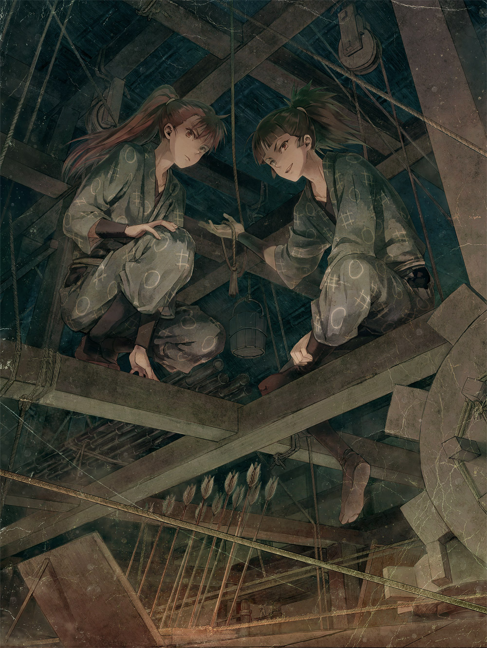 2boys, arm_support, arrow_(projectile), bad_id, bad_pixiv_id, bamboo, brown_eyes, brown_hair, bucket, from_below, gears, highres, japanese_clothes, jika-tabi, kurokado_denshichi, male_focus, miyuki_ruria, multiple_boys, ninja, ninjutsu_rakuen, pants, pants_tucked_in, ponytail, rakudai_ninja_rantarou, rope, sasayama_heidayuu, squatting, trap, weapon