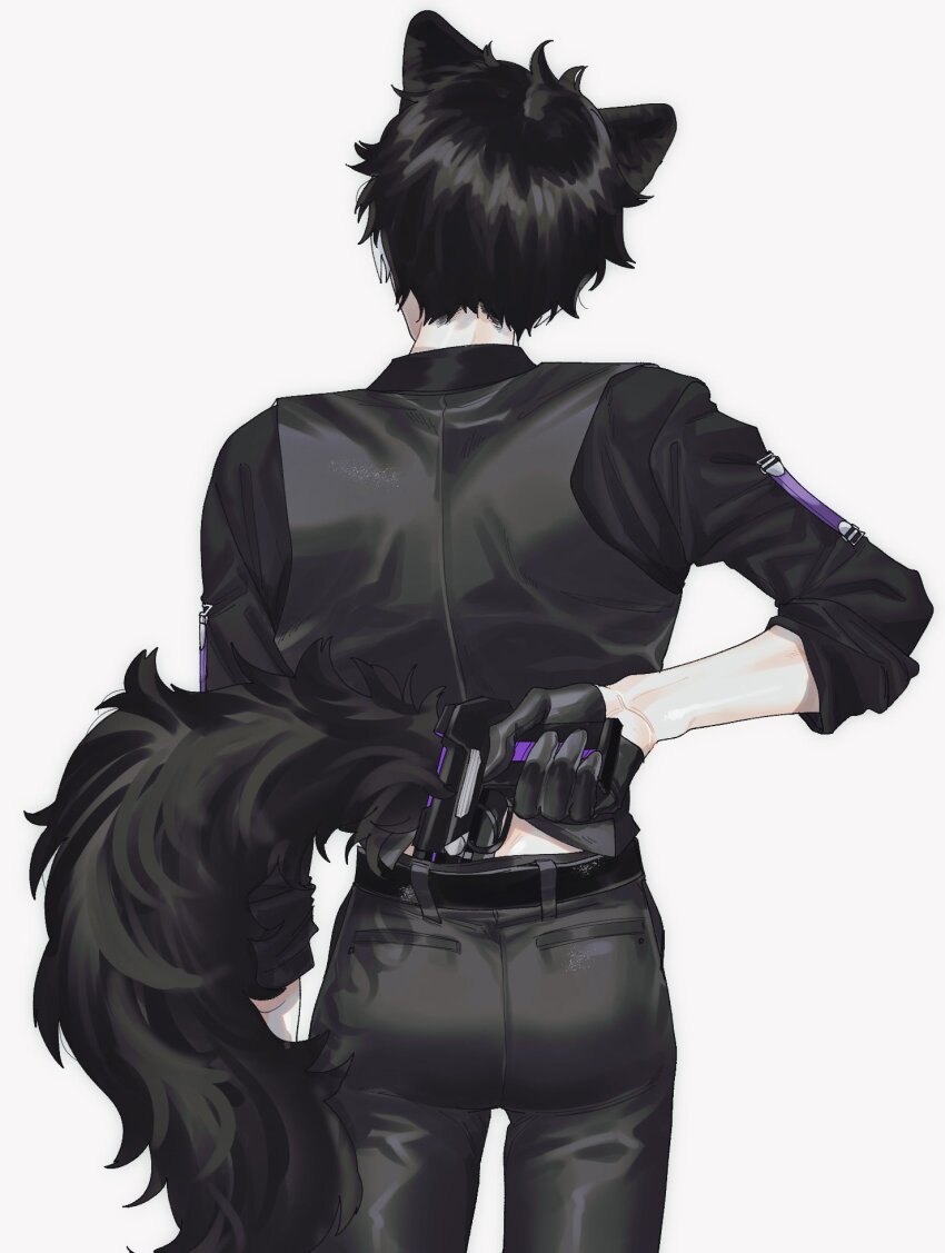 1boy, animal_ears, arm_behind_back, back_peek, belt, black_belt, black_gloves, black_hair