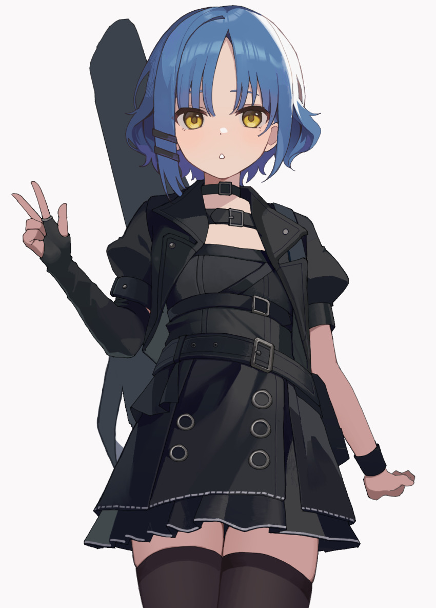 1girl, armband, belt, black_belt, black_choker, black_dress, black_jacket, black_thighhighs