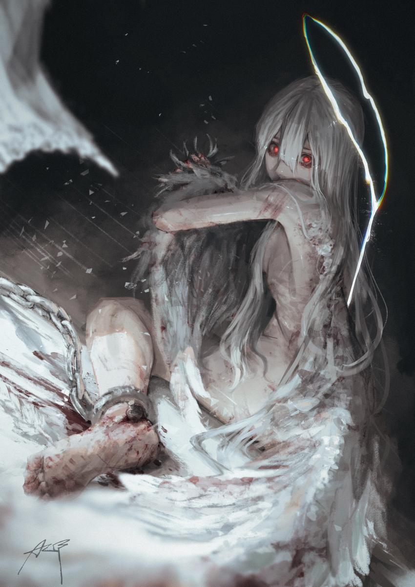 1girl, absurdres, angel, angel_wings, arai_bokuseki, barefoot, blood, blood_on_arm, blood_on_feet, blood_on_hands, bloody_wings, covered_mouth, dripping, feet, glowing, glowing_eyes, glowing_halo, guro, hair_between_eyes, halo, highres, injury, looking_at_viewer, mutilation, nude, original, red_eyes, snow, white_hair, wings