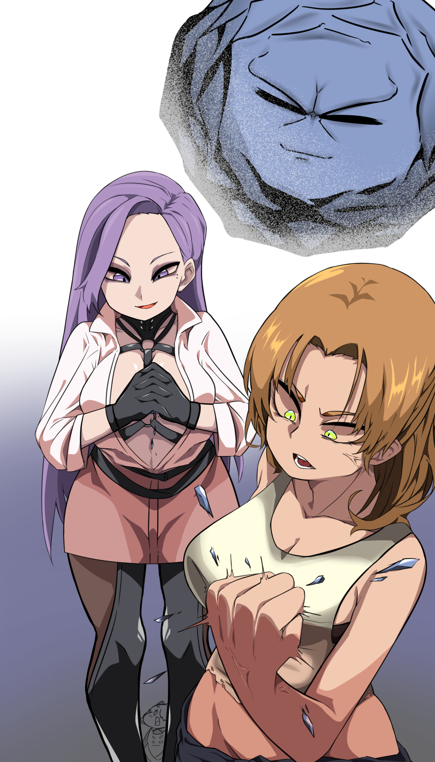 2girls, absurdres, barbara_erlenwein, black_gloves, black_skirt, black_survival, bondage_outfit, breasts, cleavage, clenched_hand, dress, feet_out_of_frame, gloves, gradient_background, green_eyes, grey_background, grey_tank_top, highres, interlocked_fingers, kurodani_yamame, large_breasts, laura_(black_survival), long_hair, mole, mole_under_eye, multiple_girls, open_mouth, purple_eyes, purple_hair, rinyamame, short_dress, skirt, smile, tank_top, touhou, white_background, white_dress