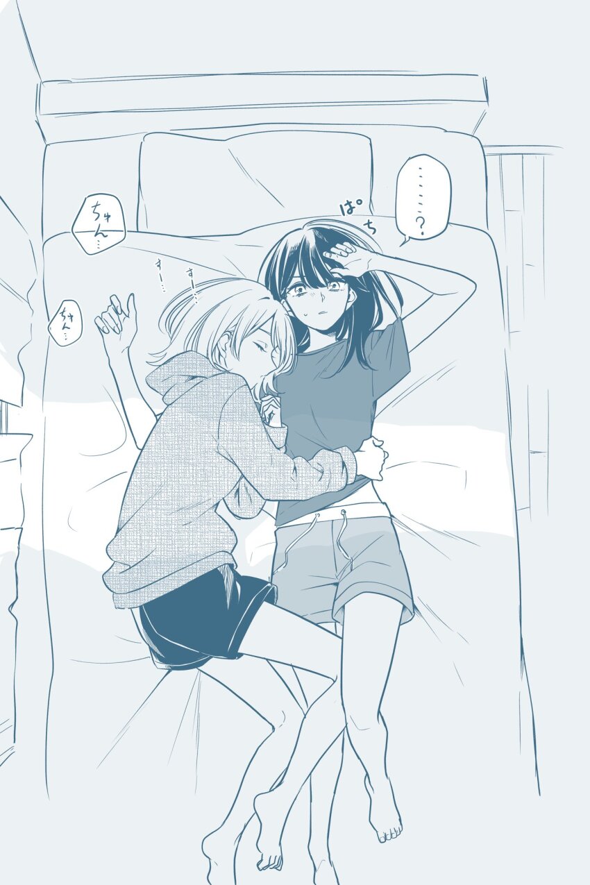 ...?, 2girls, barefoot, black_hair, closed_eyes, closed_mouth, commentary_request, cuddling