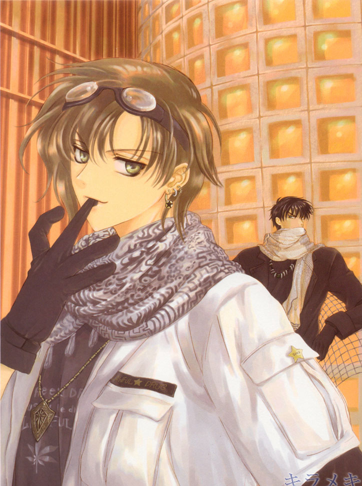 2boys, black_hair, brown_hair, clamp, earrings, gloves, gohou_drug, himura_rikuo