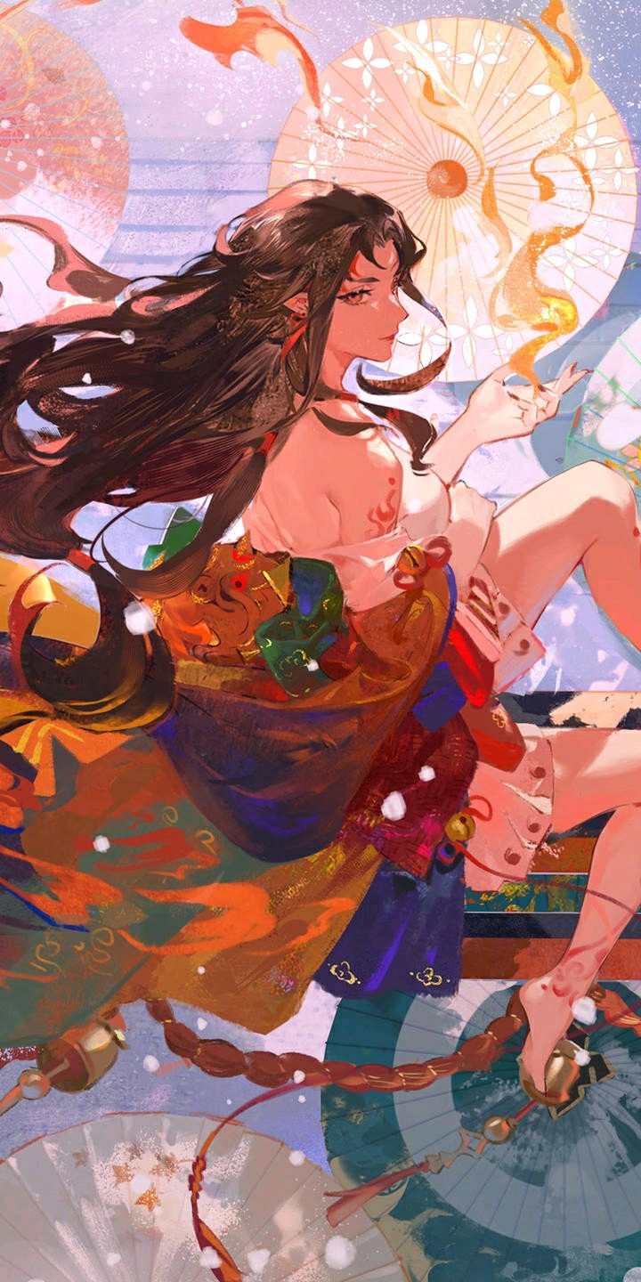 1girl, arm_tattoo, barefoot, bell, black_hair, body_markings, facial_mark, fire