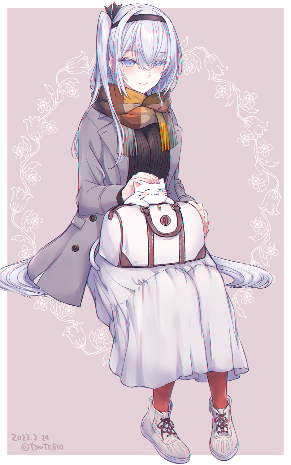 1girl, animal, bag, black_headband, black_sweater, border, brown_scarf, cat