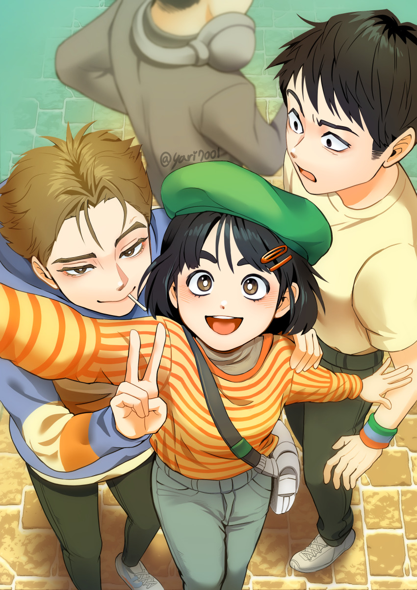 1girl, 1other, 2boys, :d, absurdres, after_school_lessons_for_unripe_apples, bag, black_eyes