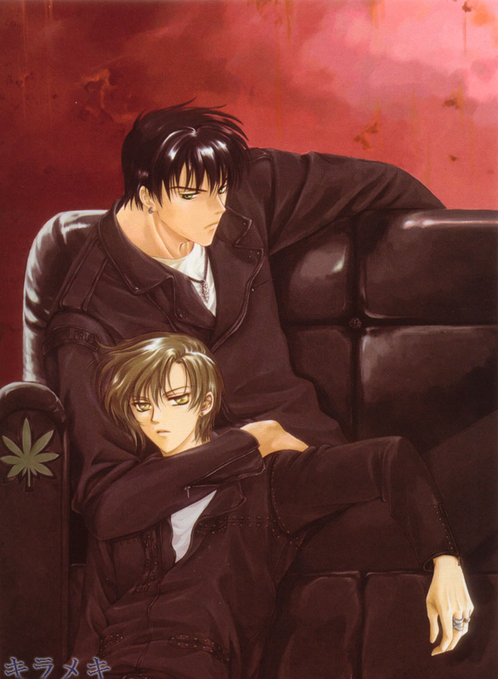 black_hair, blonde_hair, clamp, couch, earrings, gohou_drug, green_eyes, himura_rikuo