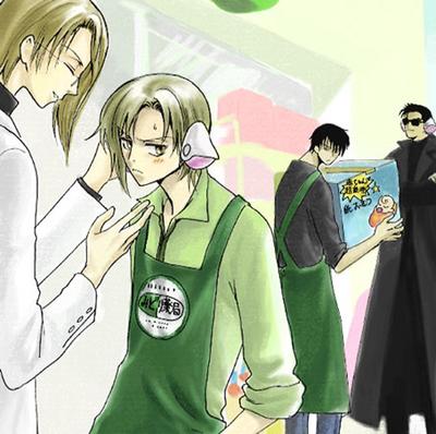 00s, 4boys, apron, blush, chobits, clamp, gohou_drug, himura_rikuo, kakei, kudo_kazahaya, lawful_drug, lowres, male_focus, multiple_boys, saiga